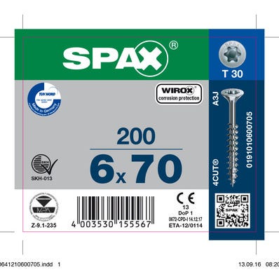 Vis bois agglo empreinte Torx 6 x 70 mm 200 pièces - SPAX 0