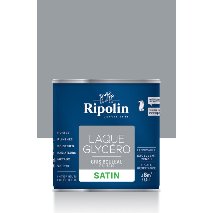 Peinture intérieure et extérieure multi-supports glycéro satin gris bouleau 0,5 L - RIPOLIN 0