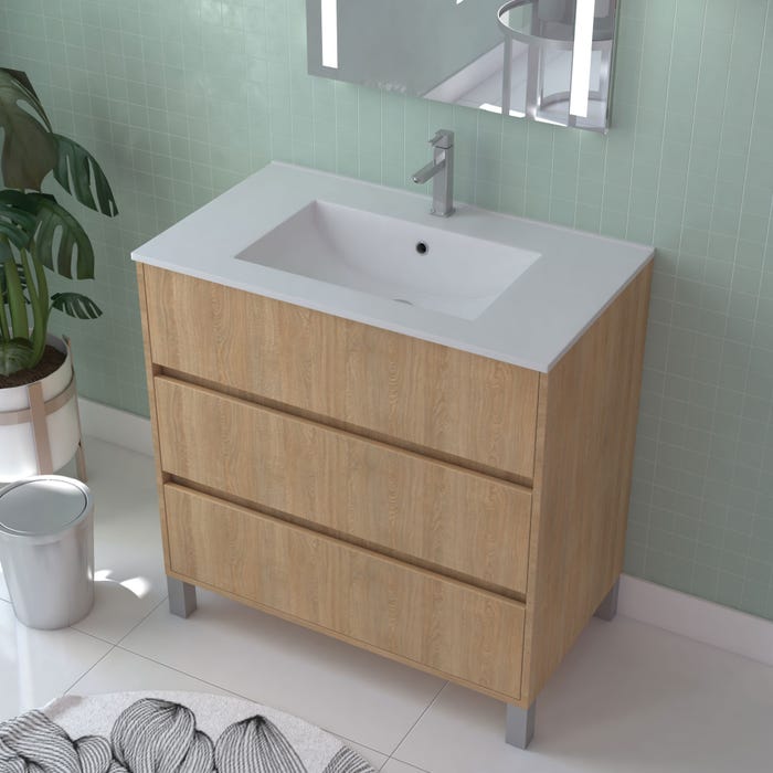Caisson de salle de bain sur pieds 3 tiroirs l.80 x h.81 x p.45,5 cm décor chêne clair ATOS 0
