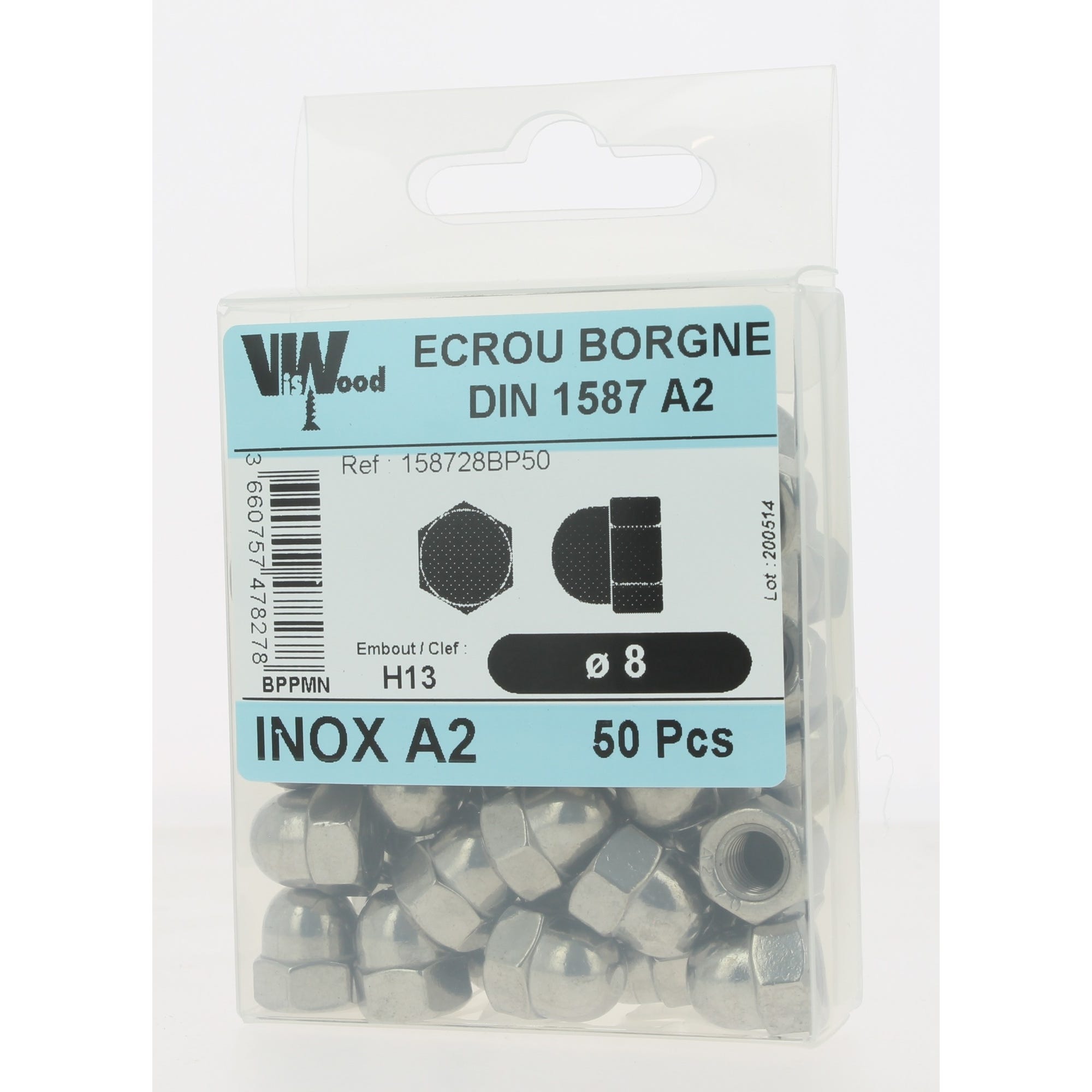 Écrous borgne DIN1587 inox A2 Diam.8 mm 50 pièces - VISWOOD 1