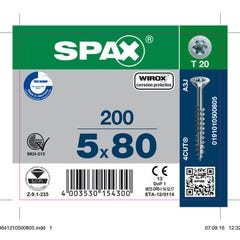 Vis bois agglo empreinte Torx 5 x 80 mm 200 pièces - SPAX 0