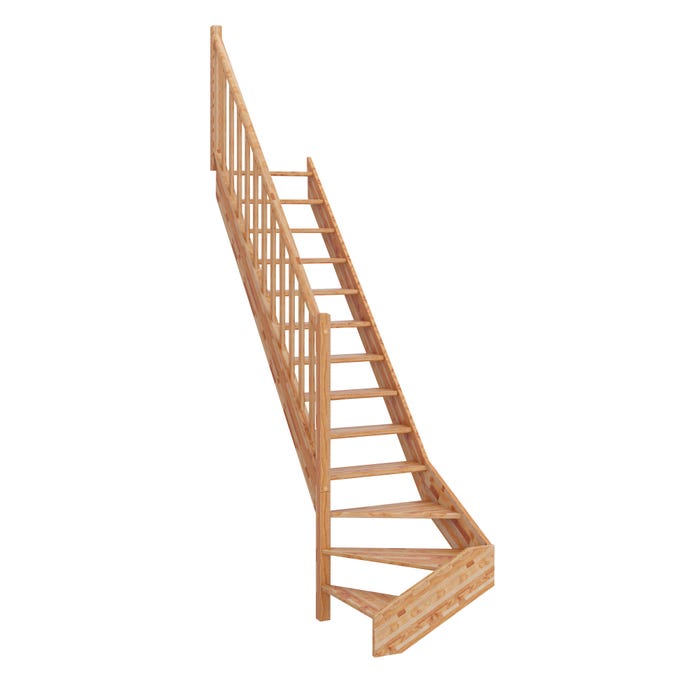 Escalier en hêtre quart tournant bas à gauche sans contremarches et rampe à balustres à gauche - GIMM 0