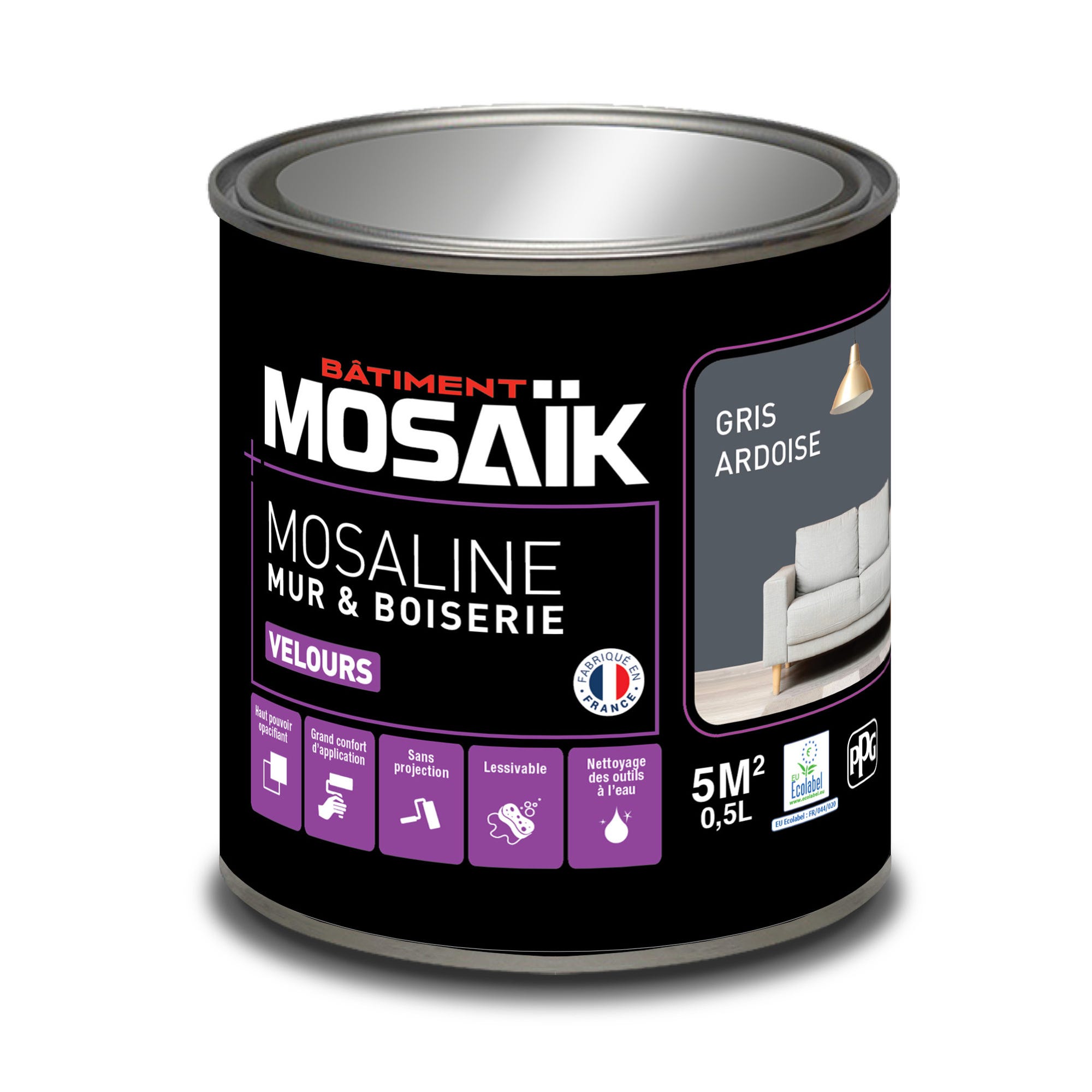 Peinture intérieure multi support acrylique velours gris ardois 0,5 L Mosaline - MOSAIK 2