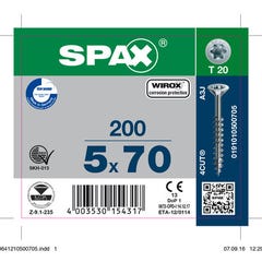 Vis bois agglo empreinte Torx 5 x 70 mm 200 pièces - SPAX 0