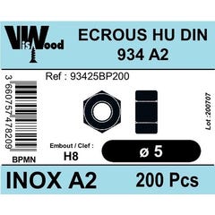 Écrous hexagonaux DIN934 inox A2 M5 200 pièces - VISWOOD 0