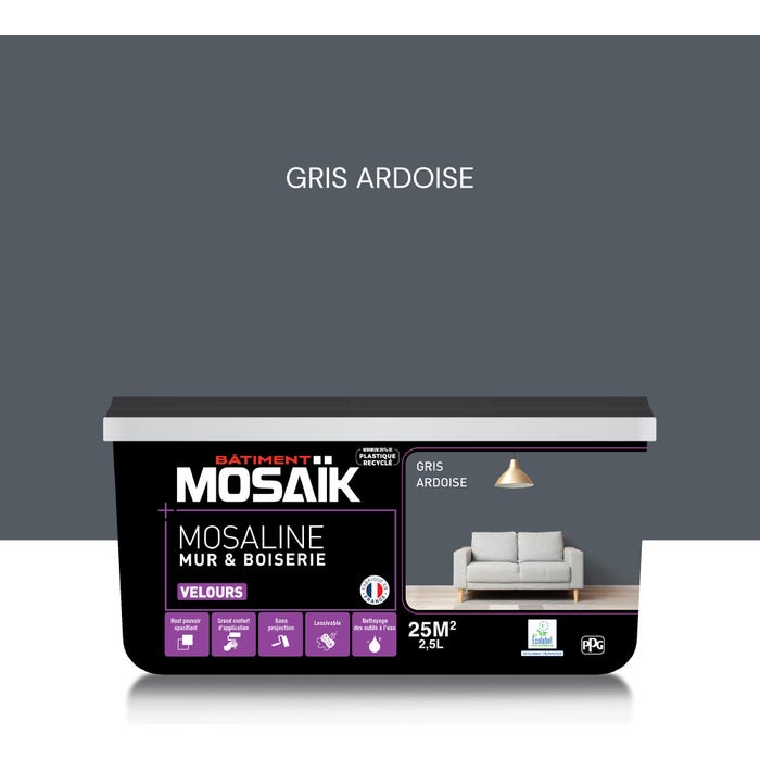 Peinture intérieure multi support acrylique velours gris ardois 2,5 L Mosaline - MOSAIK 0