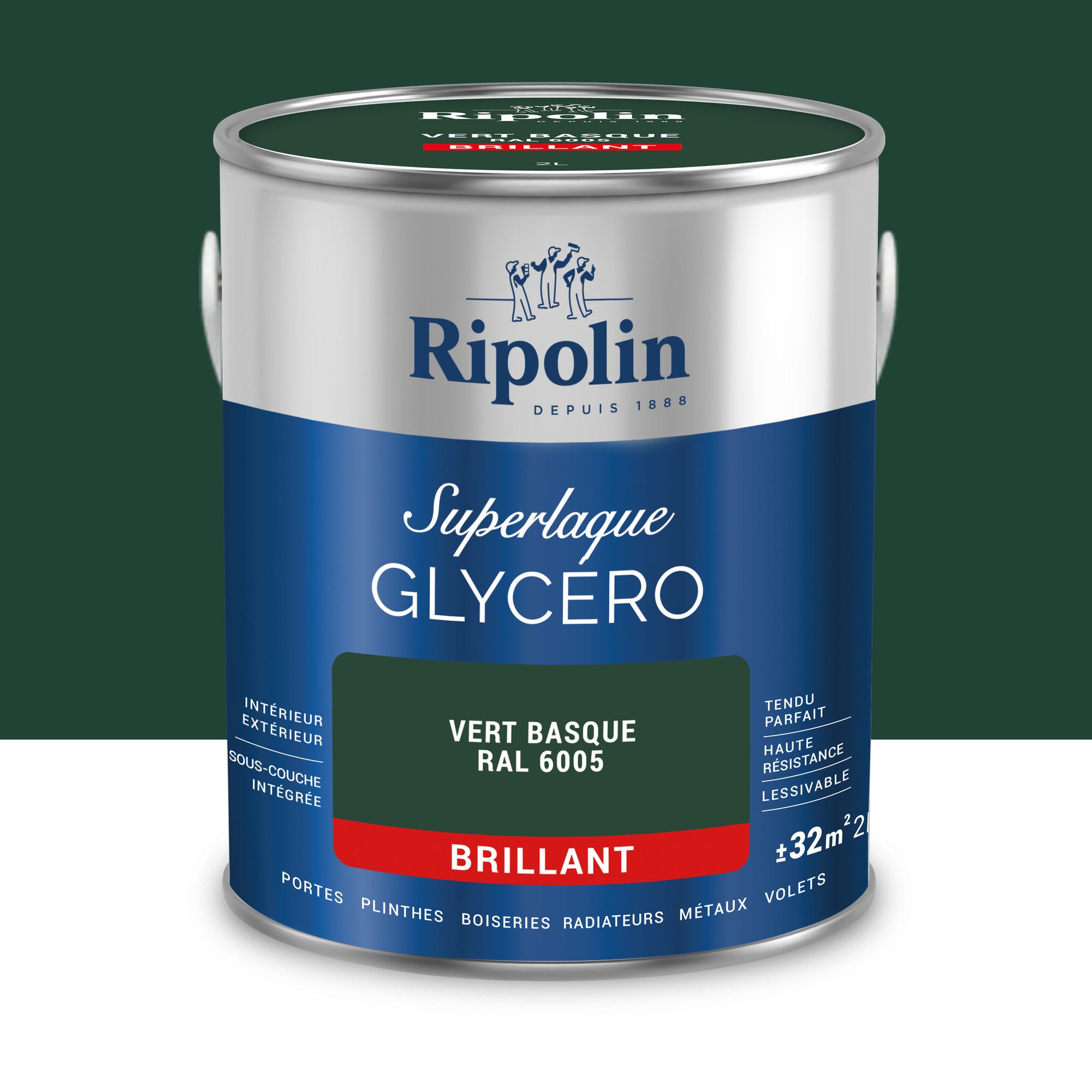 Peinture intérieure et extérieure multi-supports glycéro brillant vert basque 2 L - RIPOLIN 0