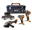 PACK 3 OUTILS SANS FIL 18V AEG + 2 BATTERIES 4AH PERCEUSE + VISSEUSE à CHOC + MEULEUSE BRUSHLESS JP1803-402TB
