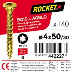 Vis bois Rocket TF Torx acier zingué filetage partiel 4x50/30 mm