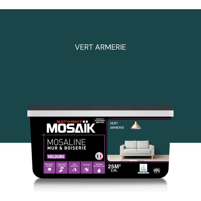 Peinture intérieure multi support acrylique velours vert armerie 2,5 L Mosaline - MOSAIK 0