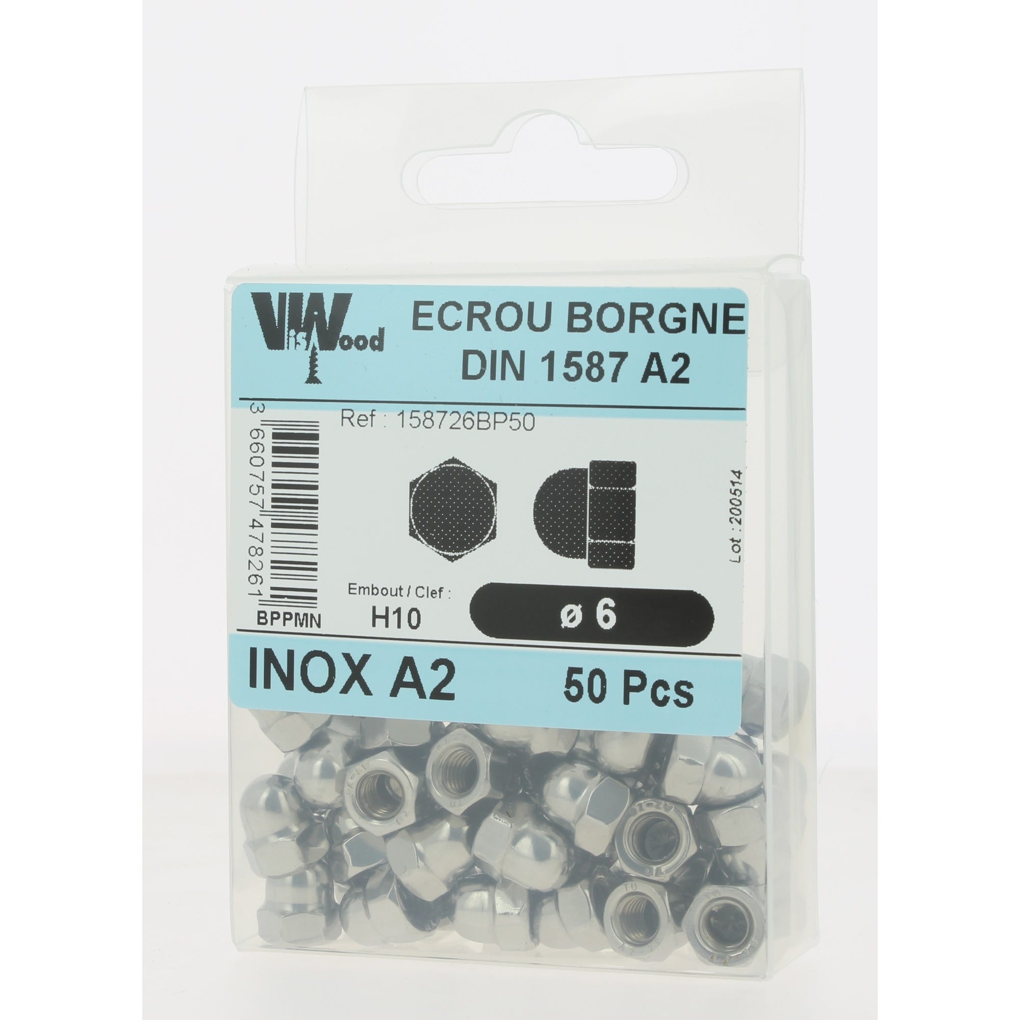 Écrous borgne DIN1587 inox A2 Diam.6 mm 50 pièces - VISWOOD 1