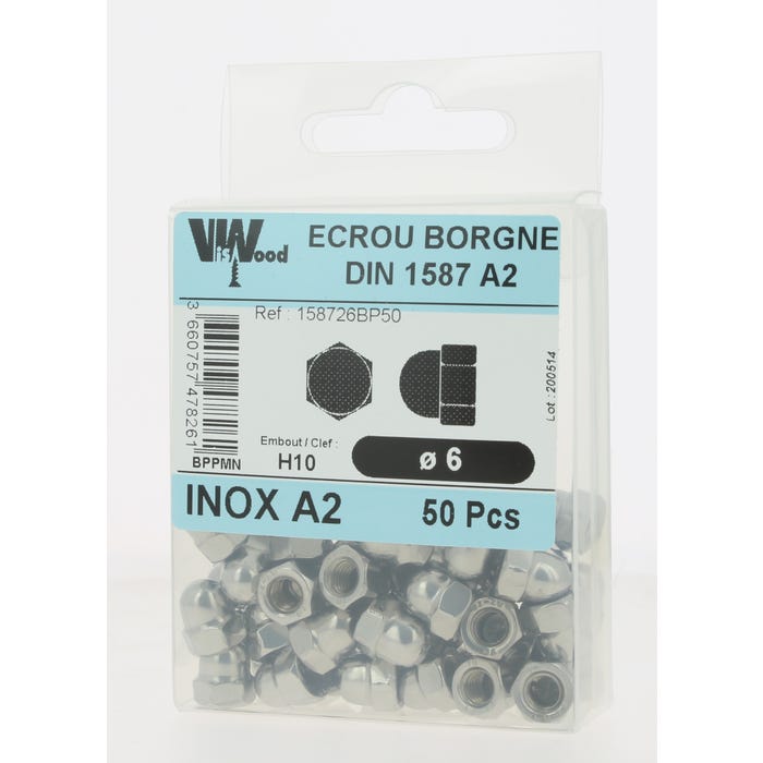 Écrous borgne DIN1587 inox A2 Diam.6 mm 50 pièces - VISWOOD 1
