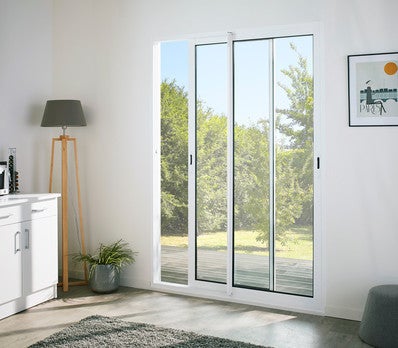 baie coulissante aluminium h 215 x l 180 avec rupture de pont thermique blanc bricoman