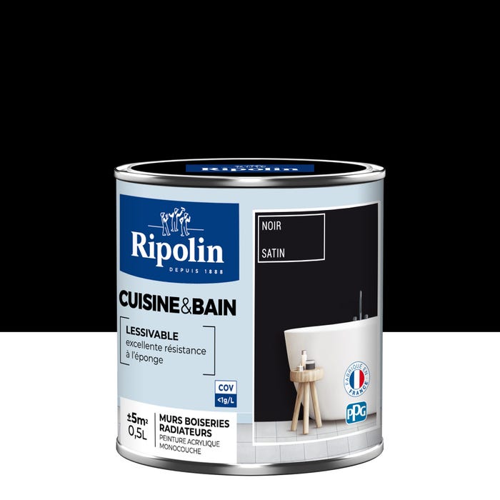 Peinture intérieure multi-supports acrylique satin noir 0,5 L Cuisine & bain - RIPOLIN 0