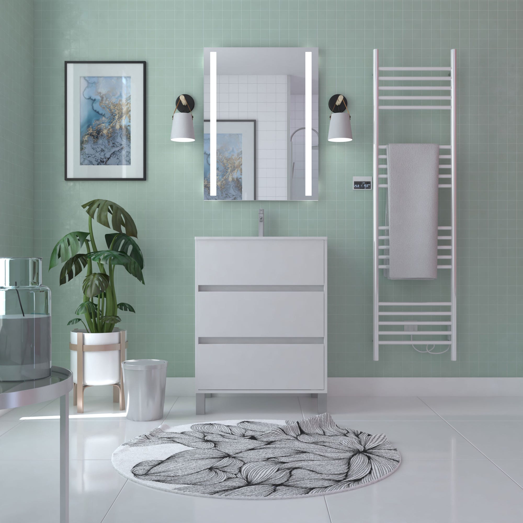 Caisson de salle de bain sur pieds 3 tiroirs l.60 x h.81 x p.45,5 cm décor blanc laqué ATOS 1