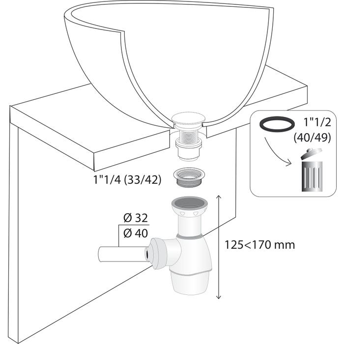 Siphon de lavabo tout en un Diam.32 à 43 mm - WIRQUIN PRO 2