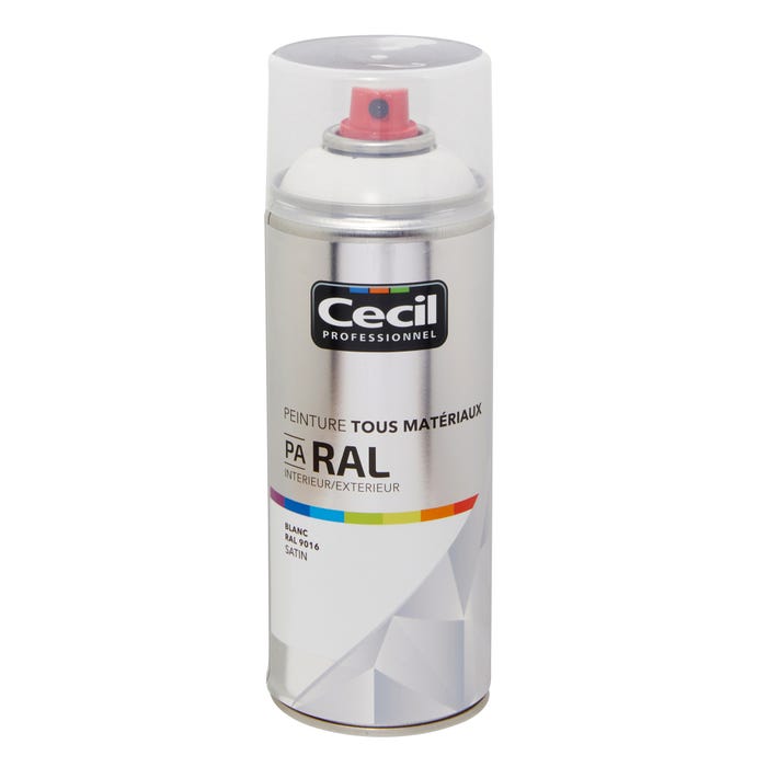 Peinture aérosol tous matériaux int/ext satin blanc RAL9016 400 ml - CECIL PRO 0