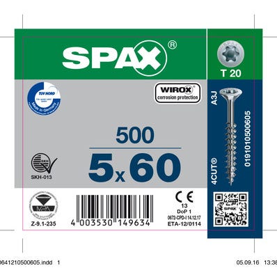 Vis bois agglo empreinte Torx 5 x 60 mm 500 pièces - SPAX 0
