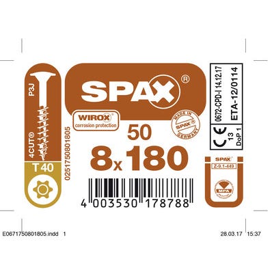 Vis HI Force empreinte Torx 8 x 180 mm 50 pièces - SPAX 0