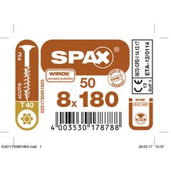 Vis HI Force empreinte Torx 8 x 180 mm 50 pièces - SPAX 0