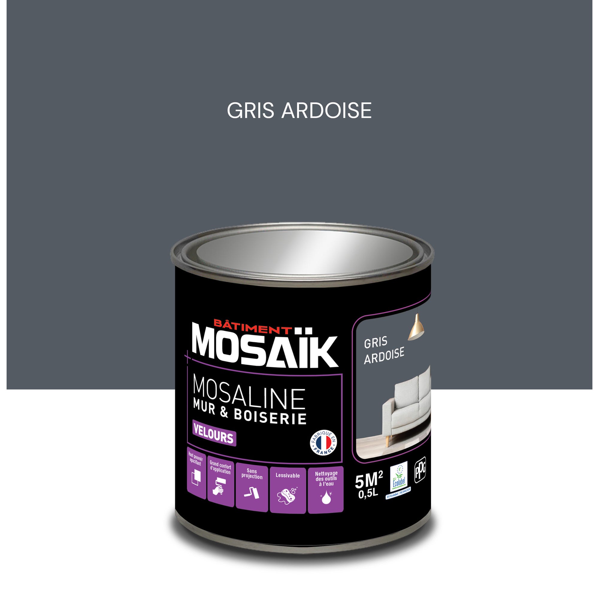 Peinture intérieure multi support acrylique velours gris ardois 0,5 L Mosaline - MOSAIK 0