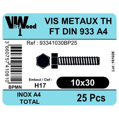 Vis metal 10x30 th inox a4 boite de 25 0