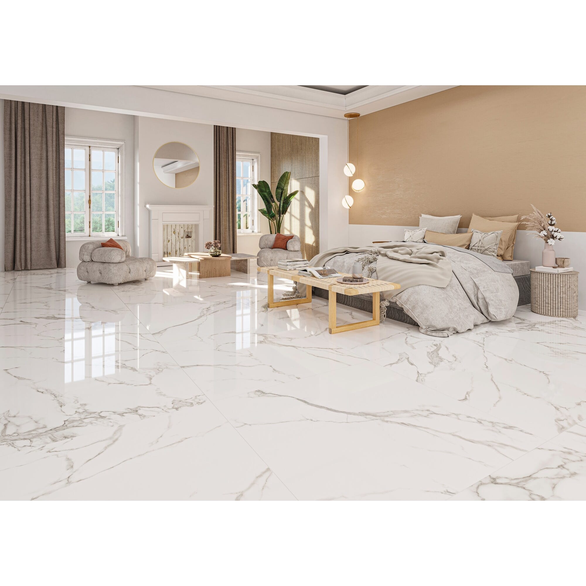 Carrelage sol intérieur effet marbre l.120x L.120cm - Lenox Blanc Poli 1