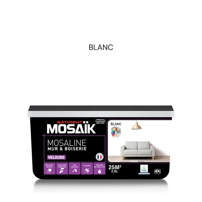 Peinture intérieure multi support acrylique velours blanc 2,5 L Mosaline - MOSAIK 0