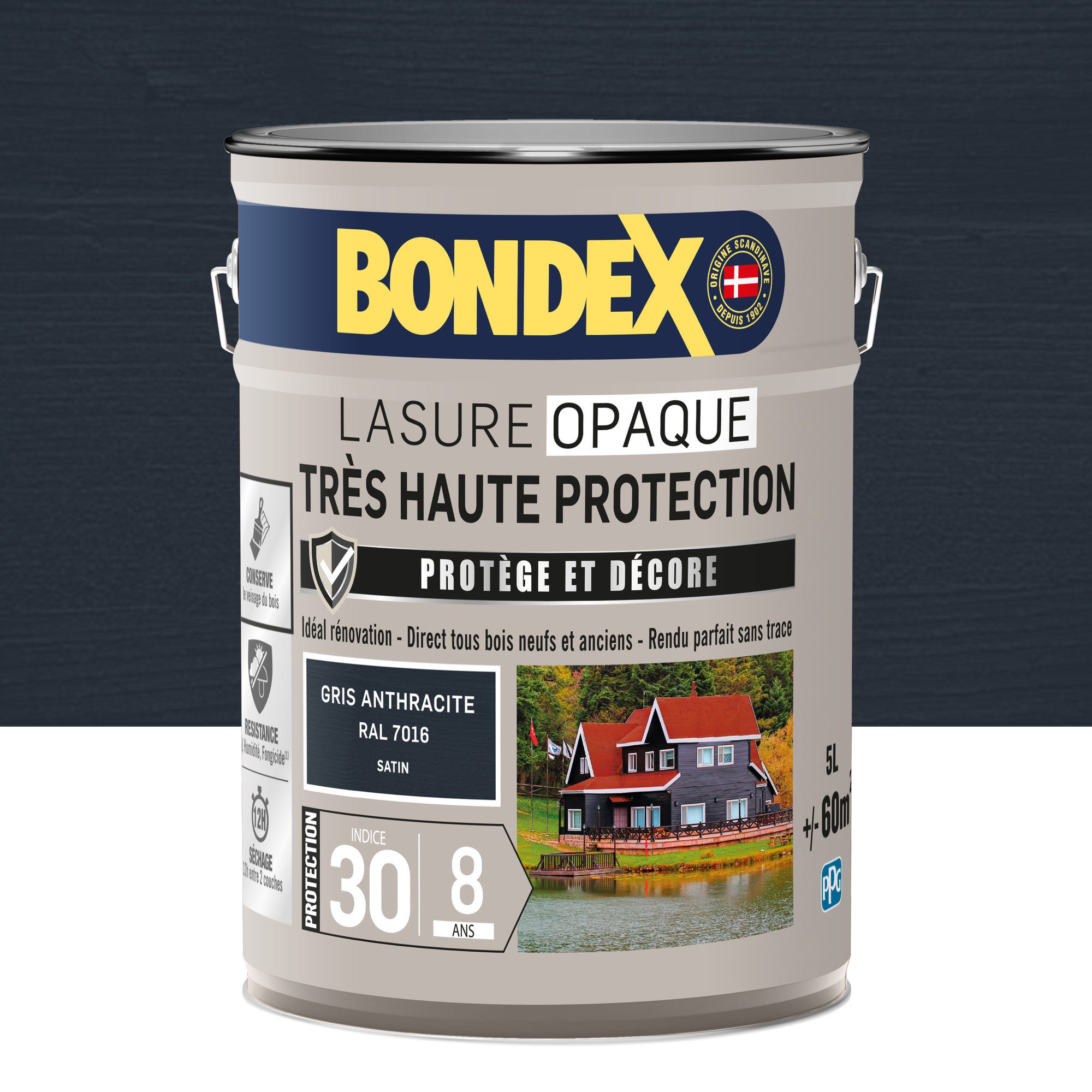Lasure opaque très haute protection 8 ans gris anthracite 5 L - BONDEX 0