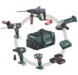 Pack 5 outils sans fil 18V METABO perceuse percussion, visseuse à chocs, marteau combiné, meuleuse 125 mm, lampe torche