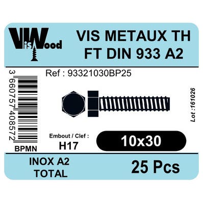 Vis métal inox A2 tête hexagonale 10 x 30 mm 25 pièces - VISWOOD 0