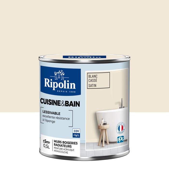 Peinture intérieure multi-supports acrylique satin blanc cassé 0,5 L Cuisine & bain - RIPOLIN 0