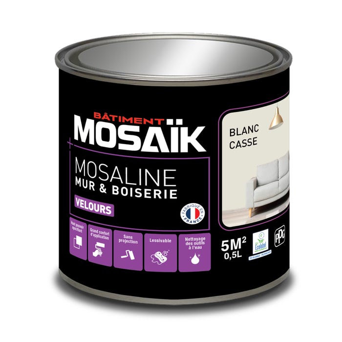 Peinture intérieure multi support acrylique velours blanc cassé 0,5 L Mosaline - MOSAIK 1