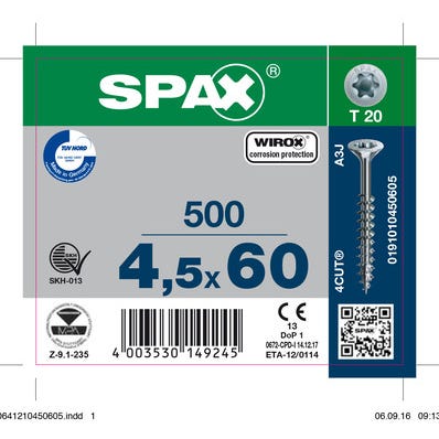 Vis bois agglo empreinte Torx 4,5 x 60 mm 500 pièces - SPAX 0