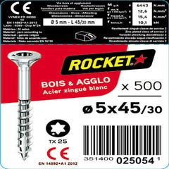 Vis bois Rocket tête fraisée Torx acier zingué filetage total 3x30 mm