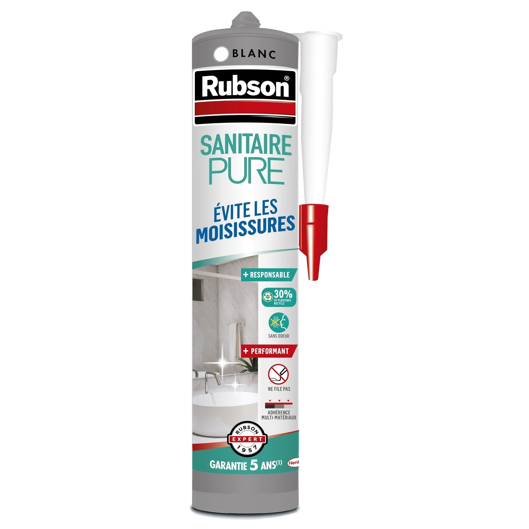 Mastic silicone sanitaire anti-fongique blanc 280 ml Pure - RUBSON 0