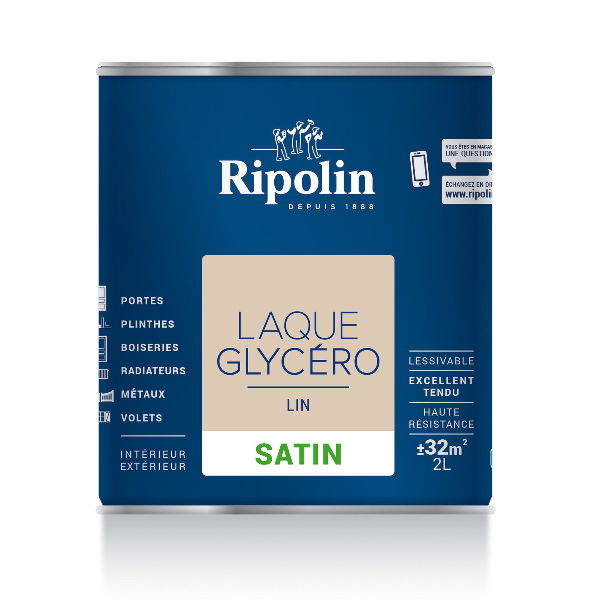 Peinture intérieure et extérieure multi-supports glycéro satin lin 2 L - RIPOLIN 2