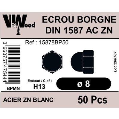 Écrous borgne DIN1587 acier zingué M8 50 pièces - VISWOOD 0