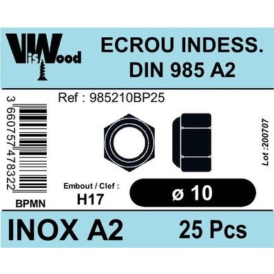 Écrous frein DIN985 inox A2 Diam.10 mm 25 pièces - VISWOOD 0
