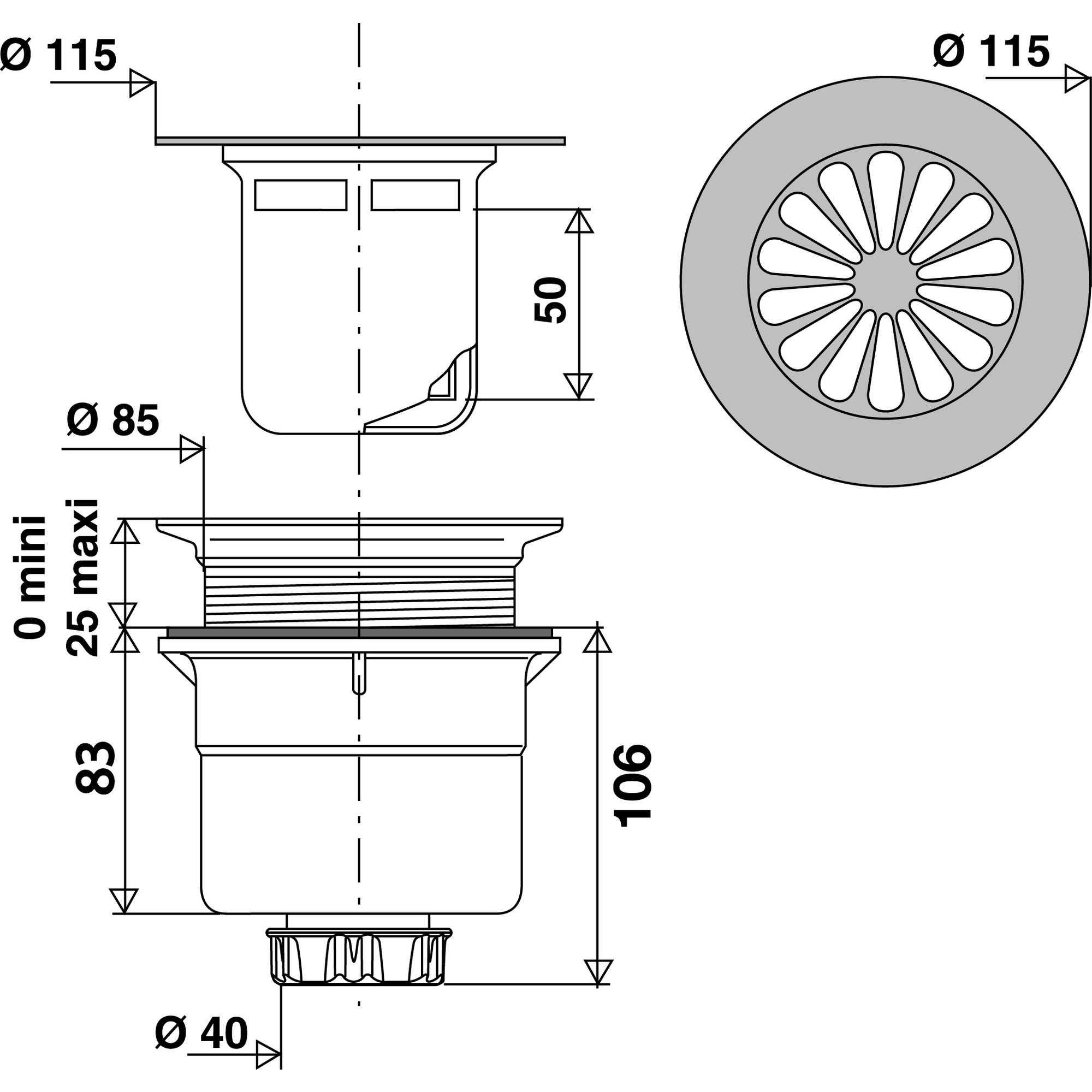 Bonde de douche à grille marguerite avec sortie verticale pour receveur Ø 90 mm 1