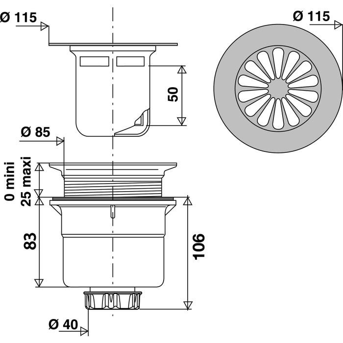 Bonde de douche à grille marguerite avec sortie verticale pour receveur Ø 90 mm 1