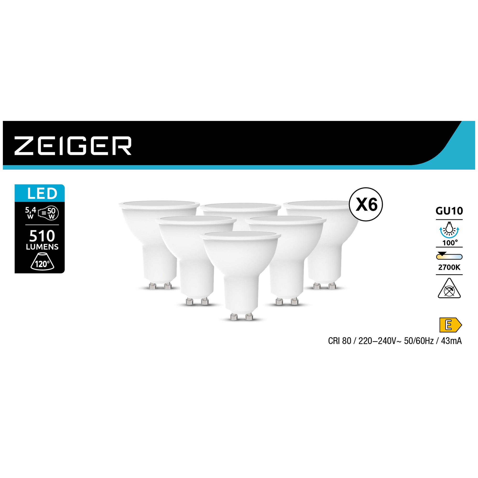 Pack 6 ampoules GU10 510LM 2700K ZEIGER