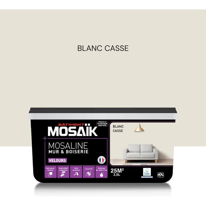 Peinture intérieure multi support acrylique velours blanc cassé 2,5 L Mosaline - MOSAIK 0