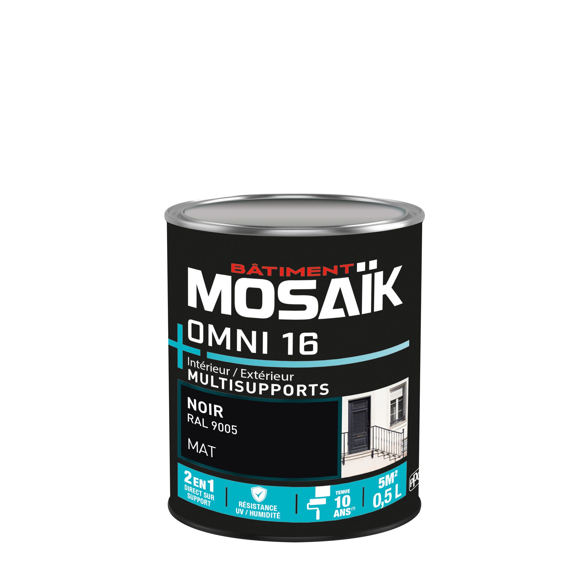 Peinture 2en1 int./ext. multisupport acrylique mat noir RAL9005 0,5 L OMNI16 - MOSAIK 2