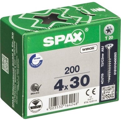 Vis bois agglo tête fraisée wirox empreinte Torx filetage partiel 4 x 30 mm 200 pièces - SPAX  0