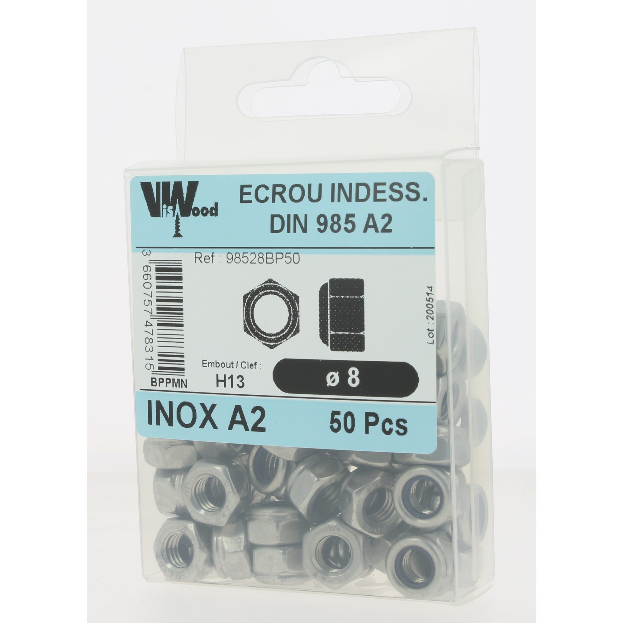 Écrous frein DIN985 inox A2 Diam.8 mm 50 pièces - VISWOOD 1
