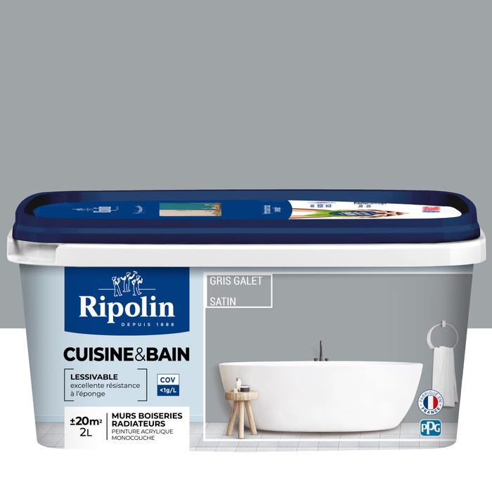 Peinture intérieure multi-supports acrylique satin gris galet 2 L Cuisine & bain - RIPOLIN 0