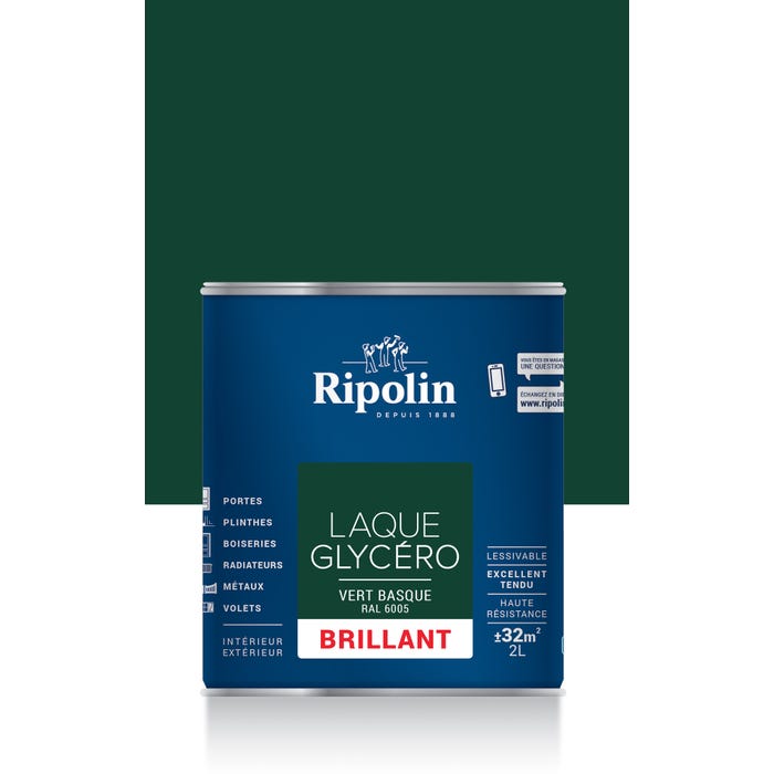 Peinture intérieure et extérieure multi-supports glycéro brillant vert basque 2 L - RIPOLIN 0