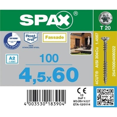 Vis de façade inox A2 empreinte Torx 4,5 x 60 mm 100 pièces - SPAX 2