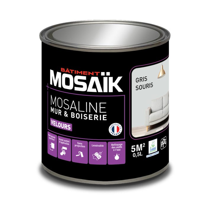 Peinture intérieure multi support acrylique velours gris souris 0,5 L Mosaline - MOSAIK 2